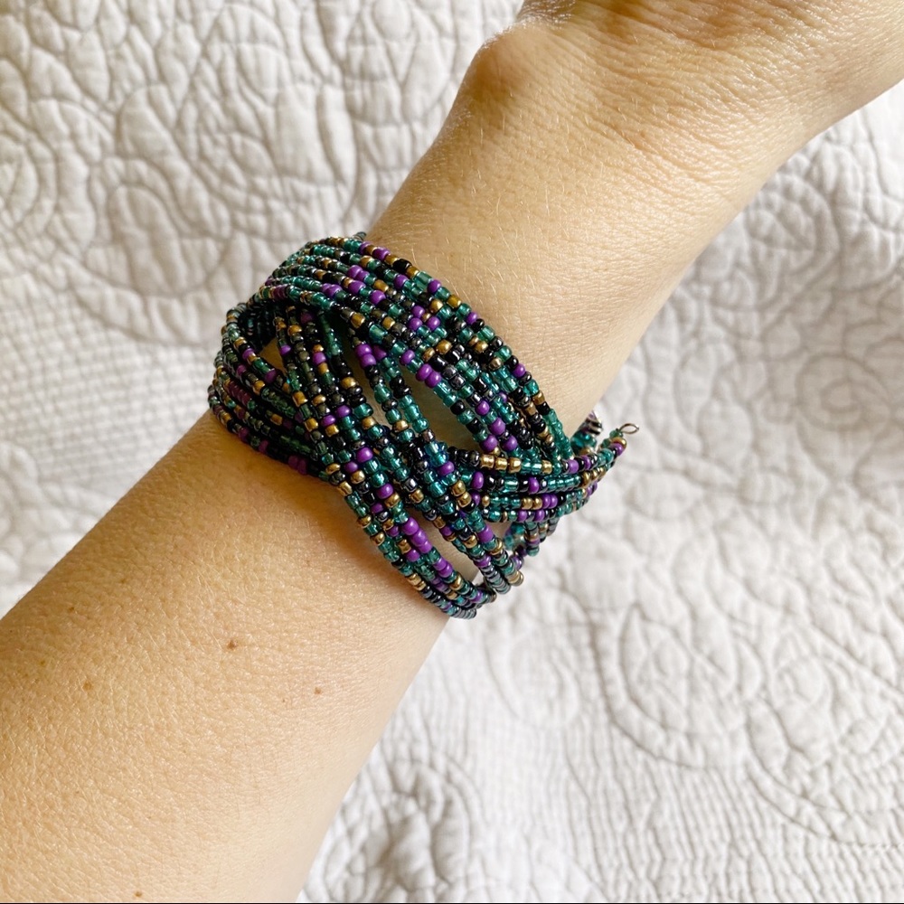 🏝️ Beaded Cuff - Purple, Green, Black & Brown
